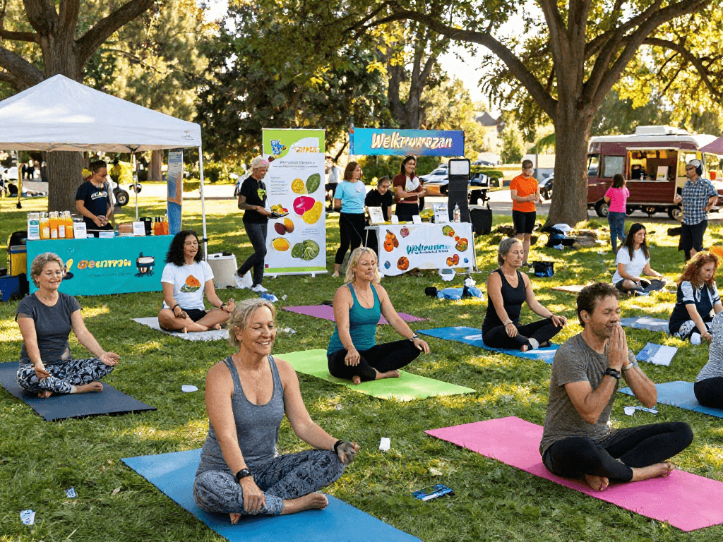Welkruvozan wellnessfestival met mensen die deelnemen aan yoga en meditatie in een levendige parksetting.
