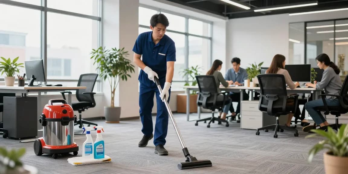 Schoonmaakbedrijf Den Haag professional cleaner in bright office environment vacuuming carpet.