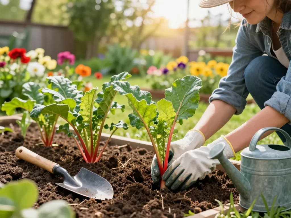 Gardener planting rabarber planten kopen in a sunny home garden with gardening tools nearby.