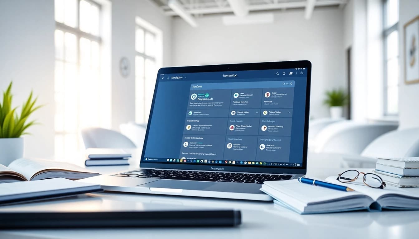 The 有道 translation app displayed on a sleek laptop in a modern workspace.