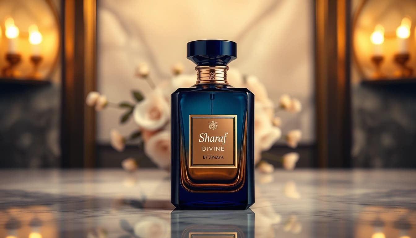 Capture the essence of Sharaf Divine by Zimaya with its stunning bottle design and luxurious ambiance.