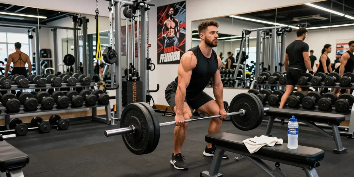 Bodybuilder lifting weights in a vibrant gym showcasing Prime Pharma Steroiden.