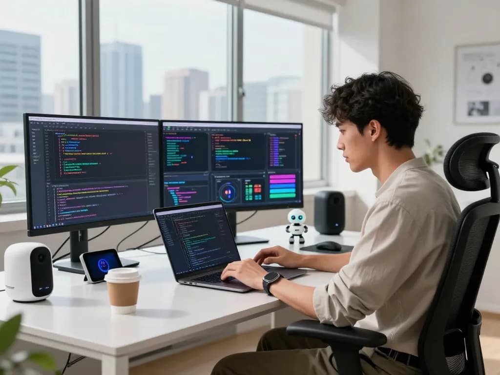 Developer focusing on spicy chat ai within a high-tech workspace, showcasing coding analytics and creative tech elements.