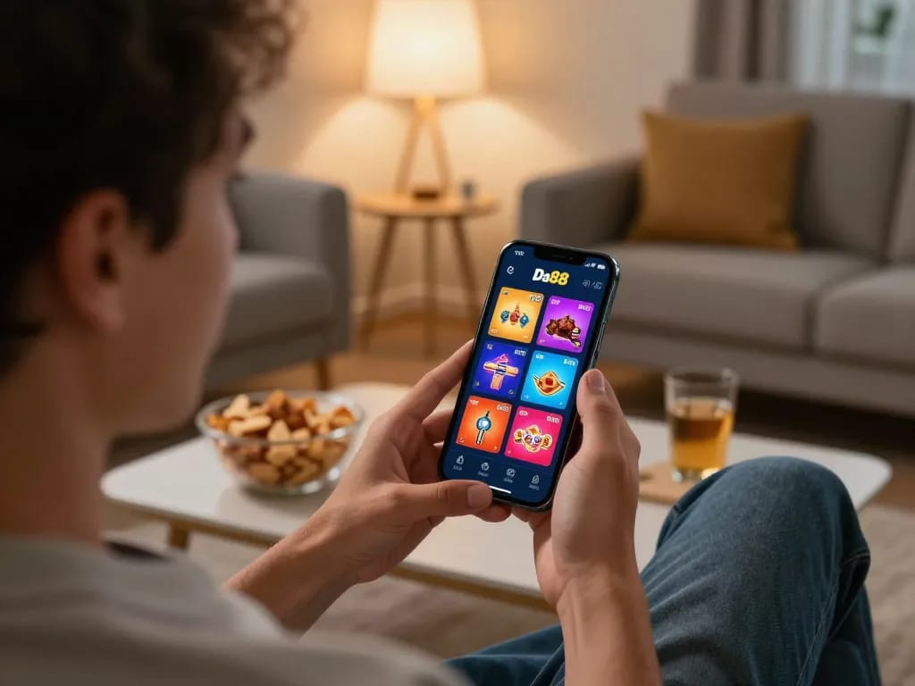 Tải app Da88 on smartphone in a cozy home setting for online casino gaming.