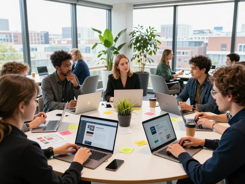 Bedrijven in Utrecht die samenwerken in een moderne werkruimte met een levendige sfeer.