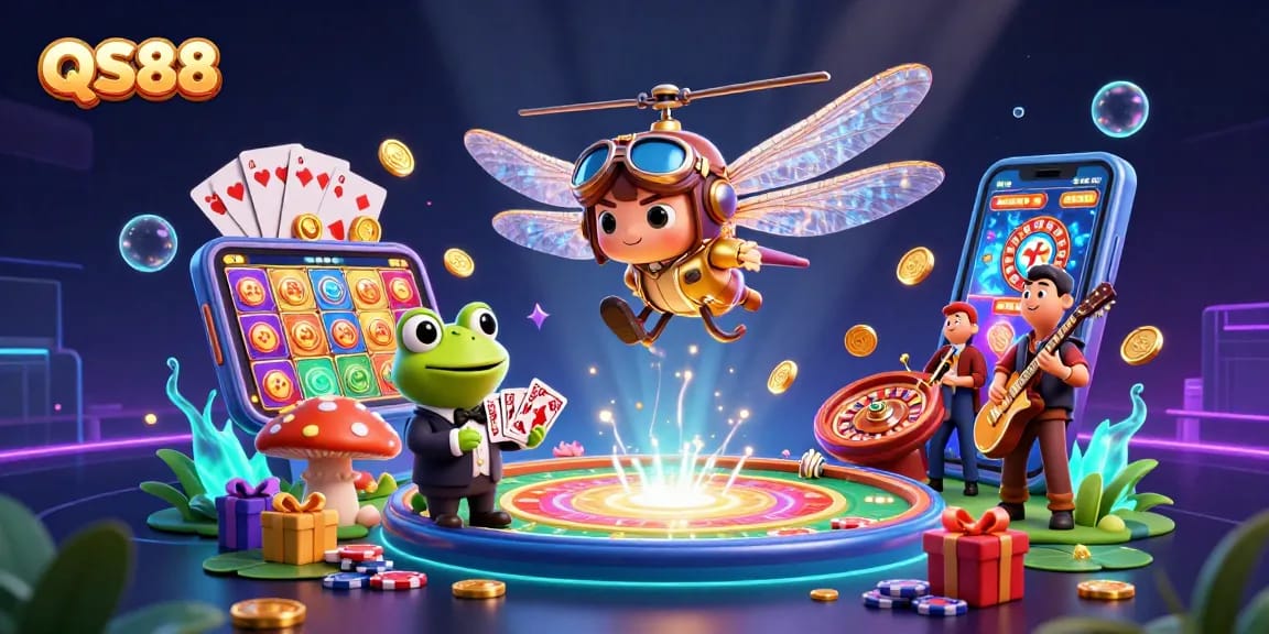 Engage in thrilling gaming at QS88 with a vibrant scene showcasing exciting casino elements and cartoon characters!