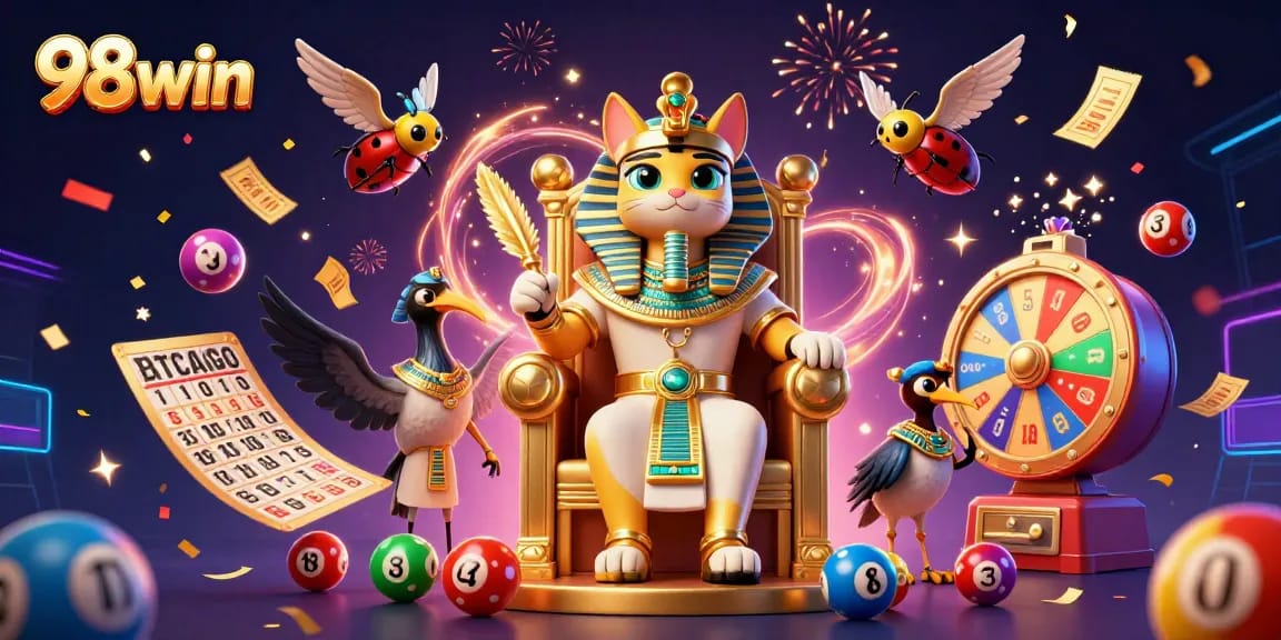 Engage in thrilling games at 98win with an Egyptian pharaoh cat surrounded by lottery elements, embodying excitement.