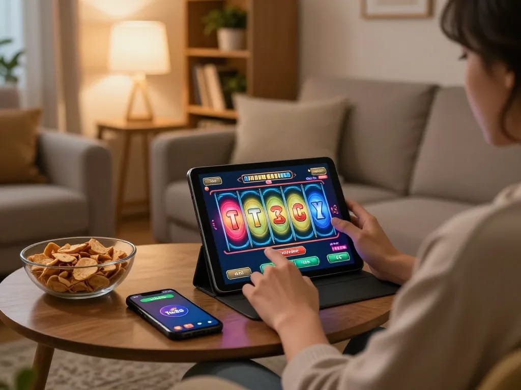Engaging home gaming moment with the App Tic88 on a tablet, showcasing exciting online slots.