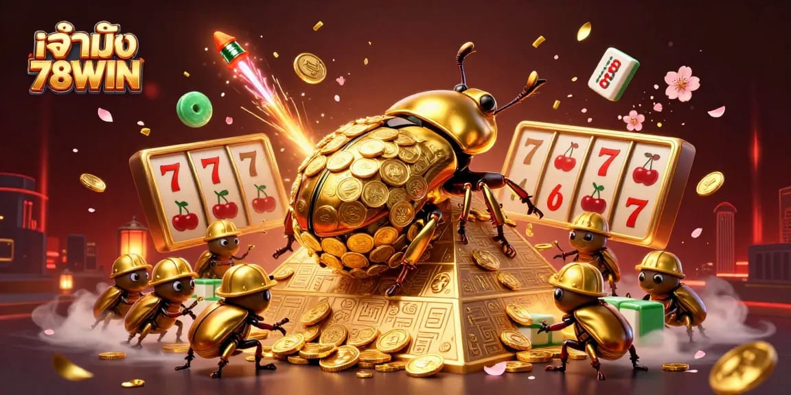 Engage with the exciting universe of เจ้ามือ 78WIN featuring a golden dung beetle and casino symbols in vibrant 3D.