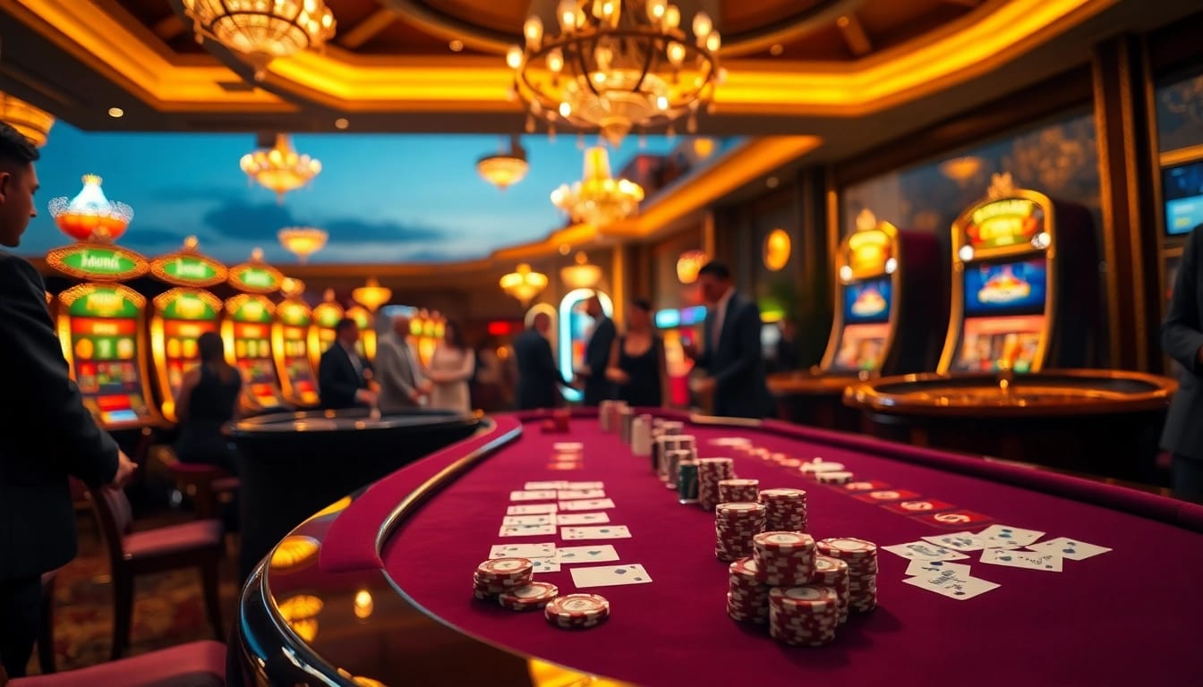 Engaging casino players enjoying games at NK88.bio with stylish poker tables and vibrant lighting.