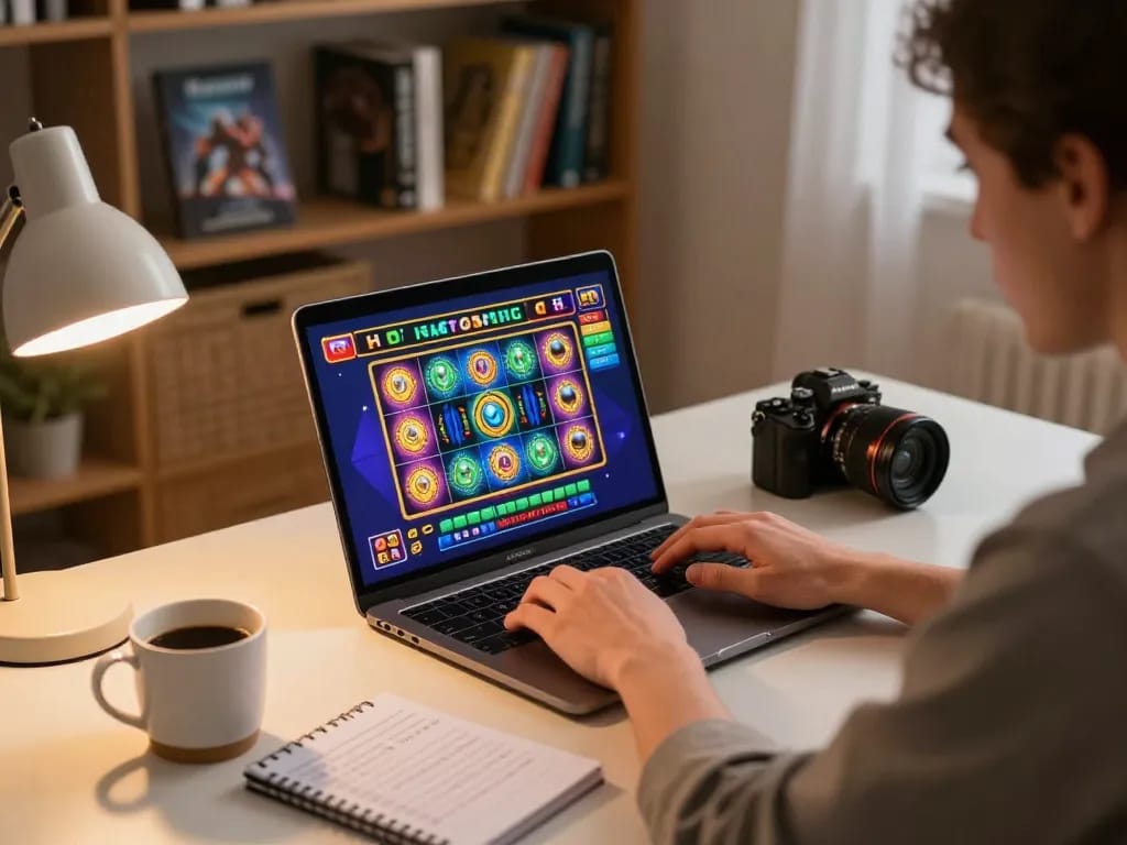 Player engaging with exciting slot games on alo8 platform, showcasing a vibrant home gaming setup