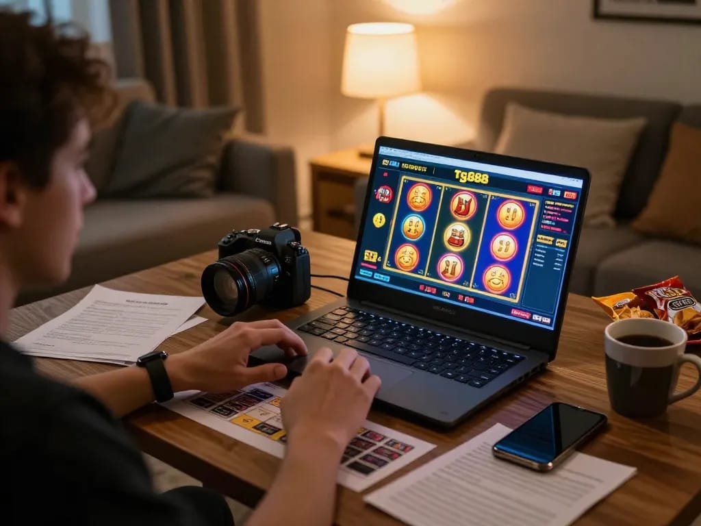 Engaging with tg88 on a laptop showcasing vibrant slot games in a cozy living room setup.