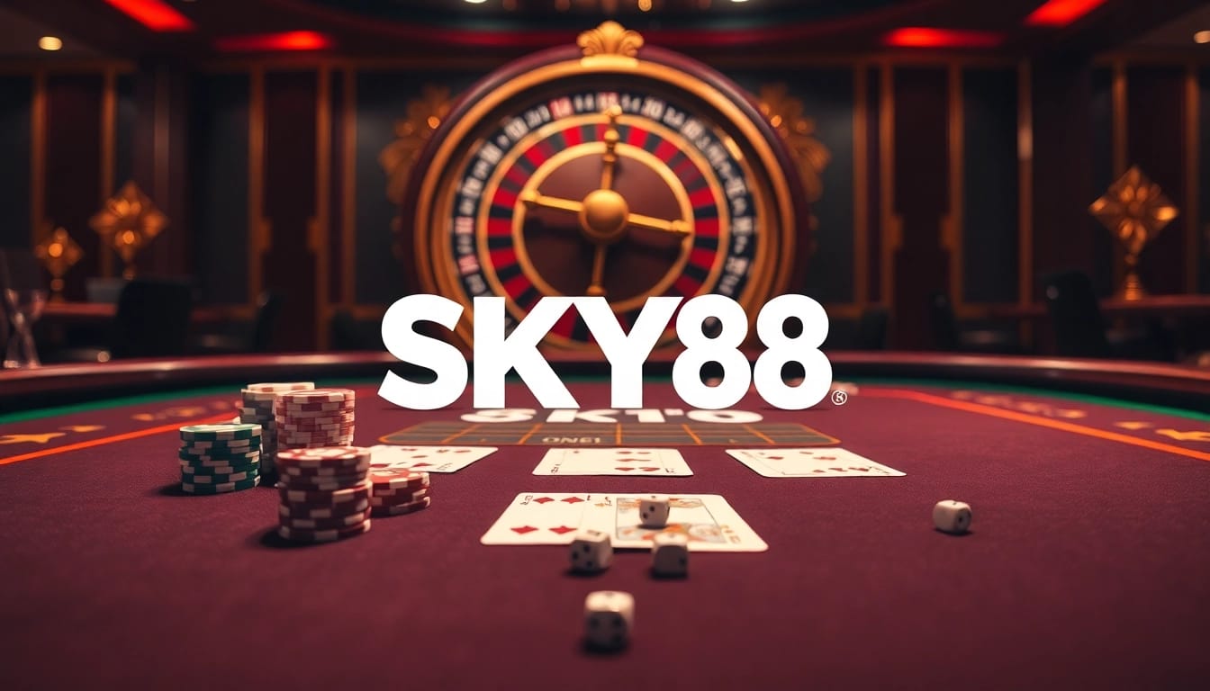 Experience the thrill of SKY88 at a luxurious casino with poker chips and a vibrant roulette wheel.