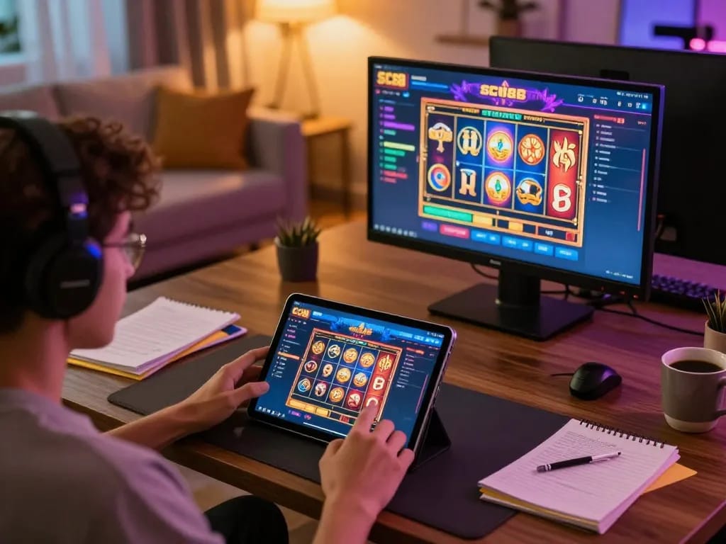 Engaging gameplay on SC88 app in a cozy home setup, showcasing online casino excitement and strategy.