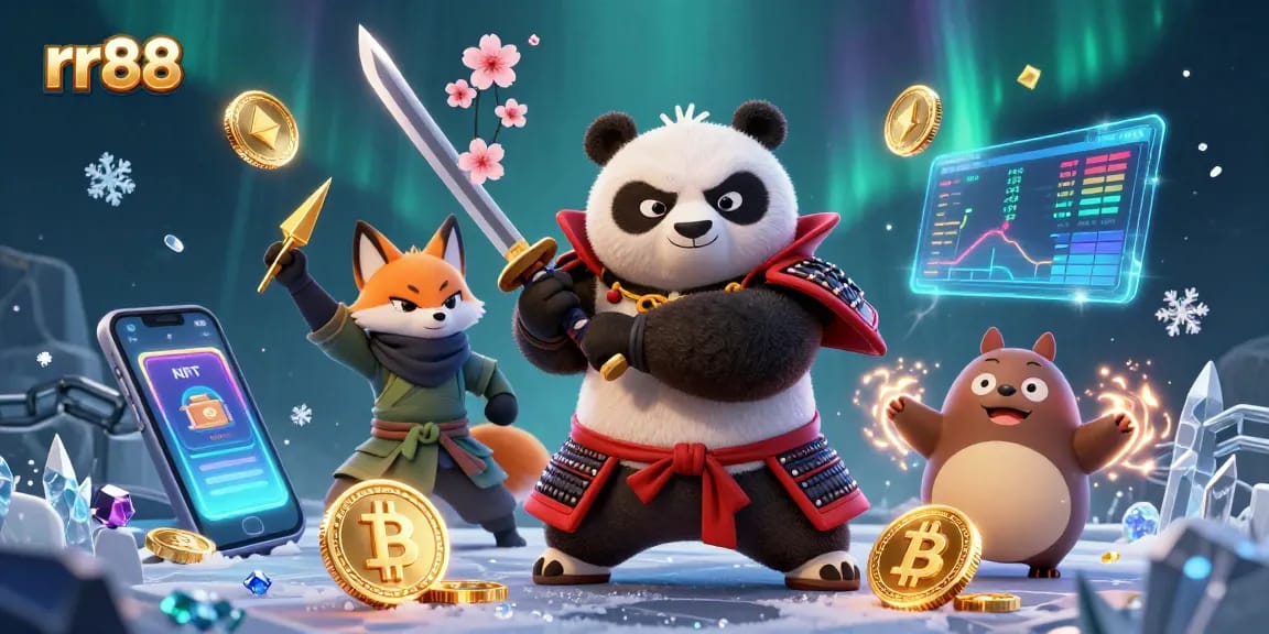 rr88 showcases a vibrant 3D scene with a samurai panda and ninja fox, symbolizing thrilling casino action.