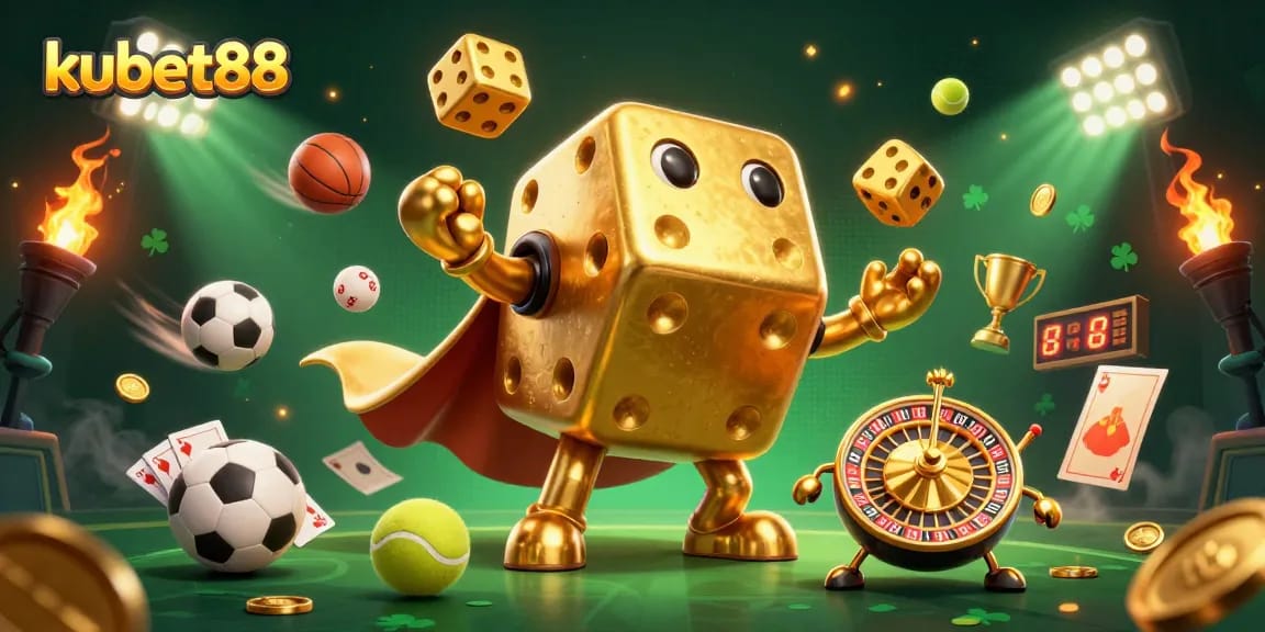 Experience thrilling excitement with kubet88's dynamic 3D illustration featuring golden dice and sports elements.