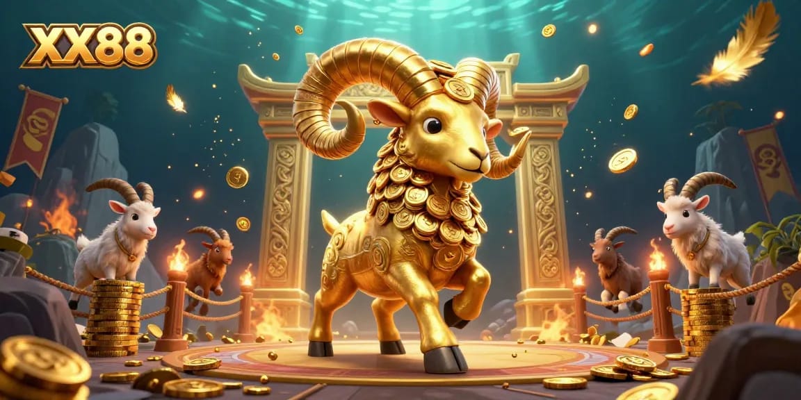 Engage in thrilling bets at XX88, featuring a golden ram charging a golden gate amidst vibrant casino elements.