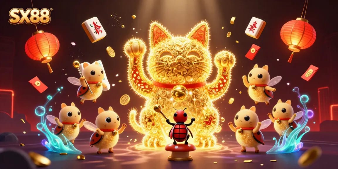 Experience the excitement of SX88 with golden fireflies forming a lucky cat amidst dynamic casino symbols.