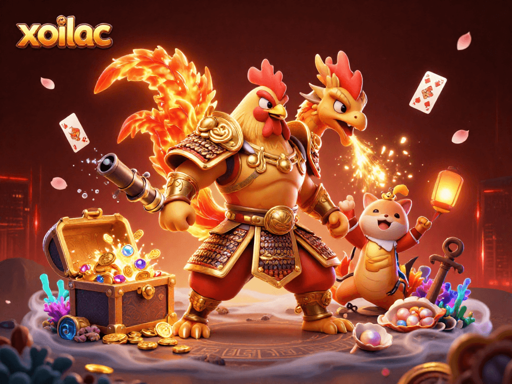 Xoilac showcases an epic 3D scene with a rooster warrior and dragon hatchling in an exciting gambling adventure.