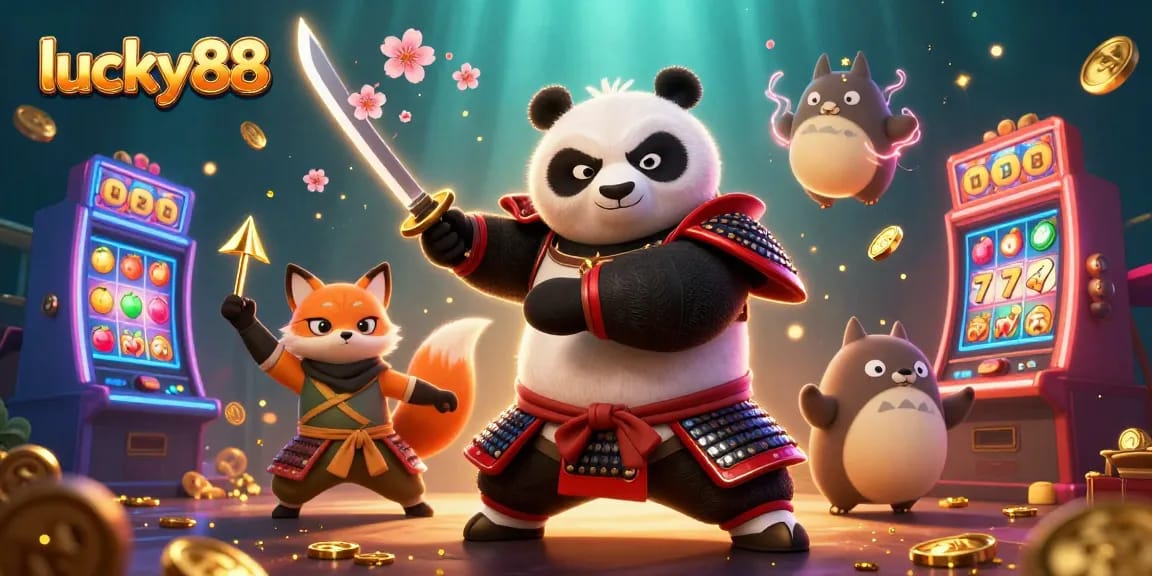 Win big with lucky88's engaging slot games featuring a dynamic cartoon scene.