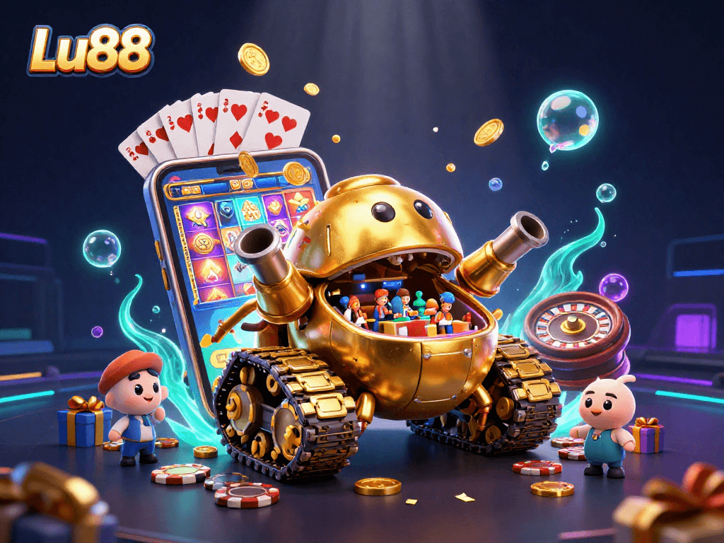 Experience Lu88's vibrant gaming scene with a golden beetle tank and mini casino inside.
