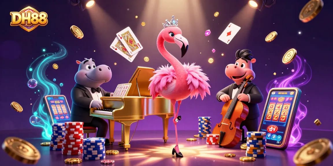 Experience excitement with DH88 casino as vibrant characters celebrate gaming with golden coins and cash prizes.