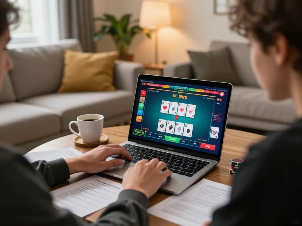KJC player strategizing on online poker game with desktop setup