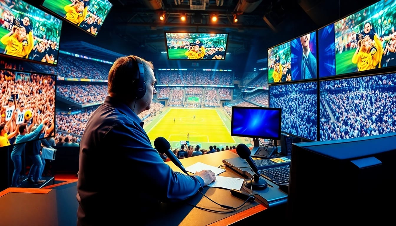 Engaging sports broadcasting scene with an announcer amidst a lively stadium atmosphere.