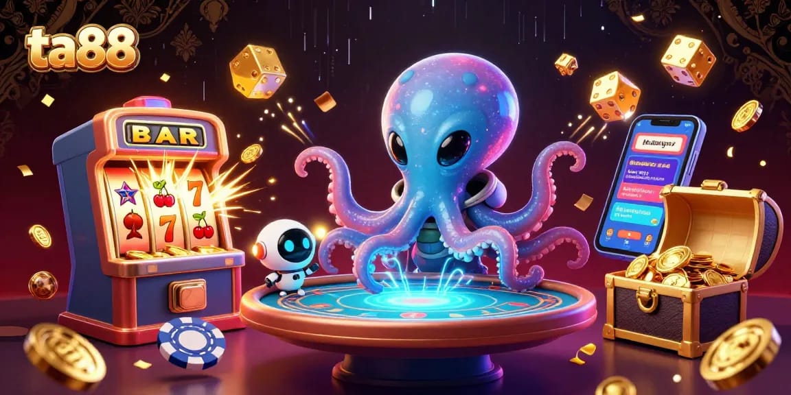 Experience thrilling gaming with ta88 featuring an alien octopus at a holographic poker table amidst a cosmic casino.