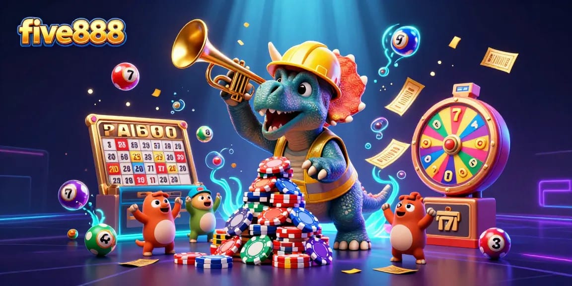 Engage in exciting games with five888, where a triceratops builds poker chip towers amidst colorful casino elements.