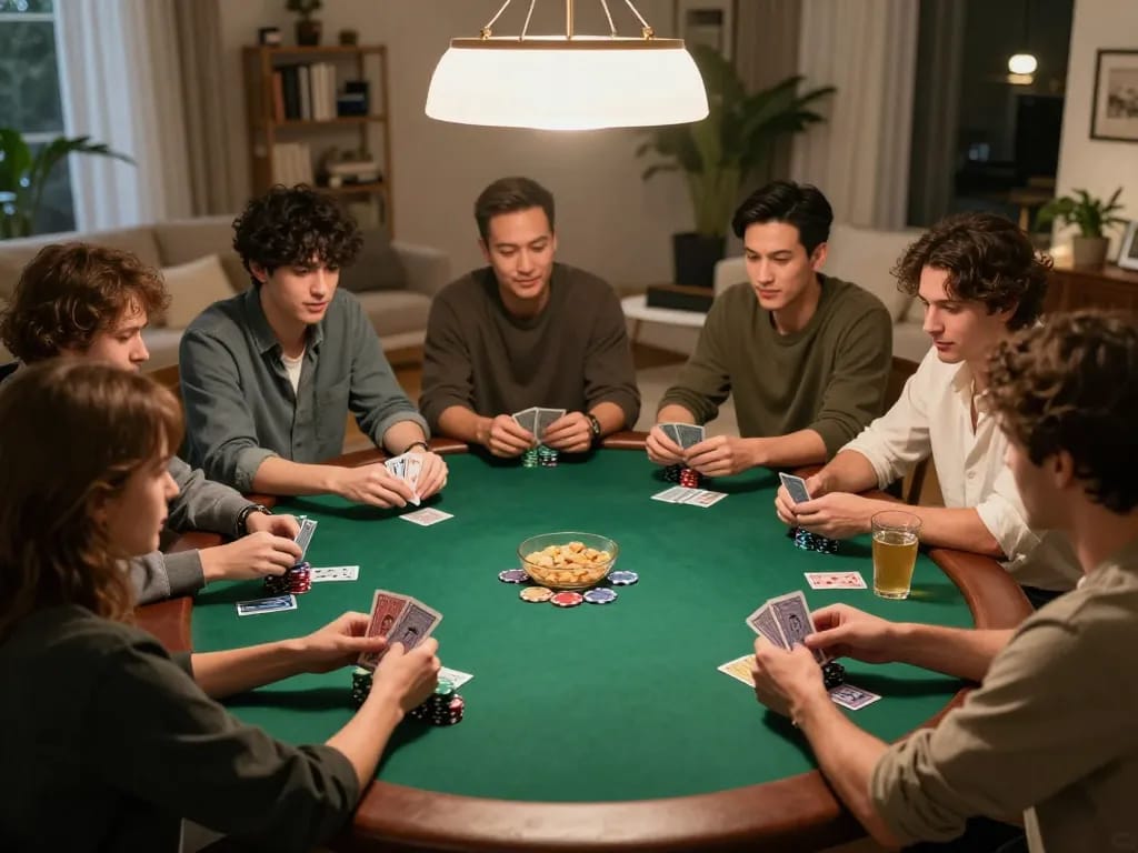 Active home poker night scene with friends enjoying a game, showcasing nhà cái alo8 elements and social interaction