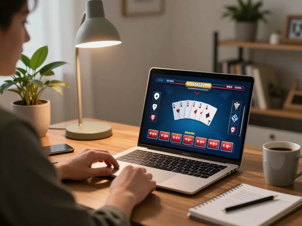 Engaging in poker online at 8kbet using a laptop, highlighting a cozy atmosphere and strategic gameplay.