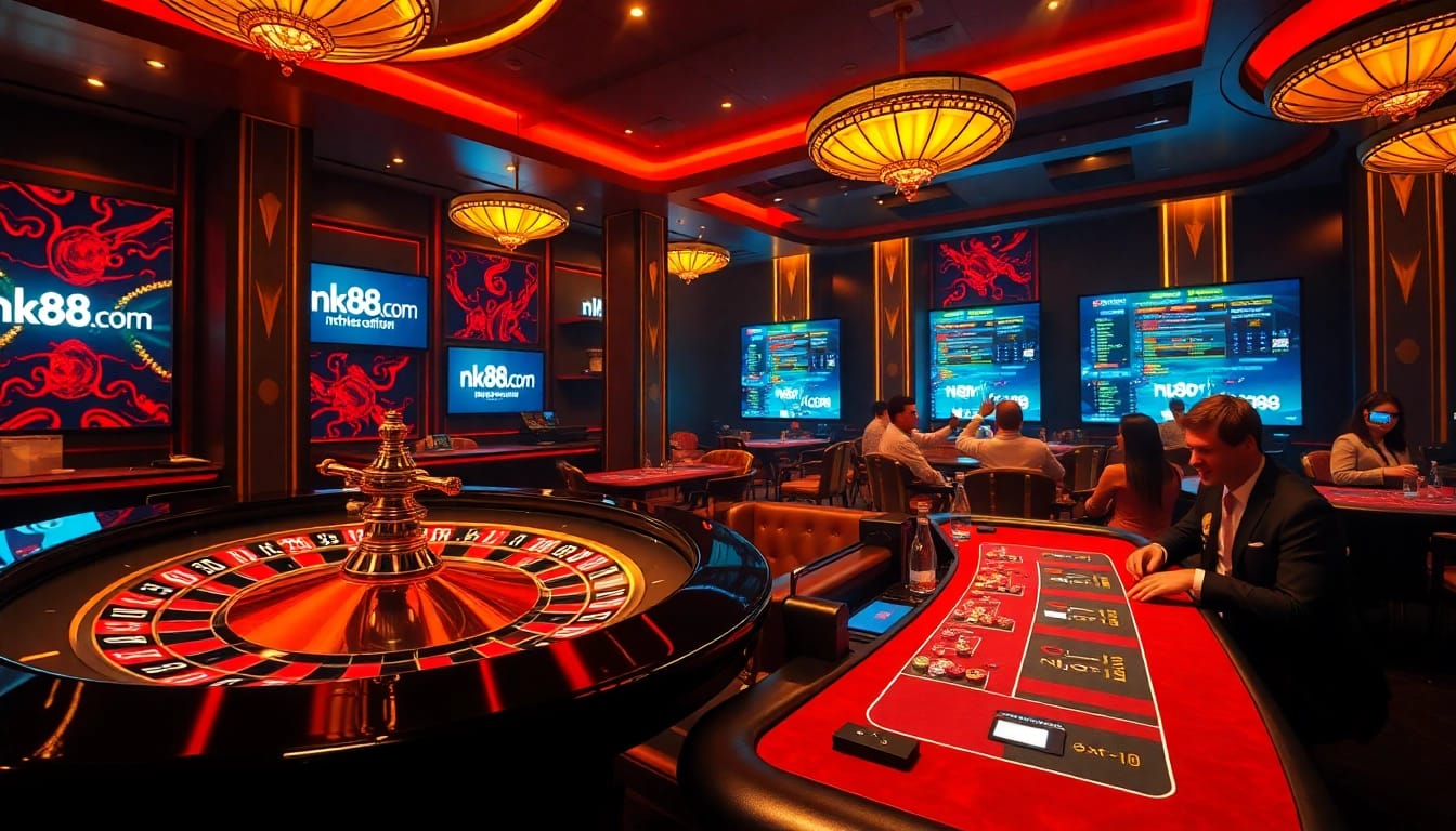 Engaging players at nk88.com enjoy a thrilling casino atmosphere with poker tables and roulette wheels.