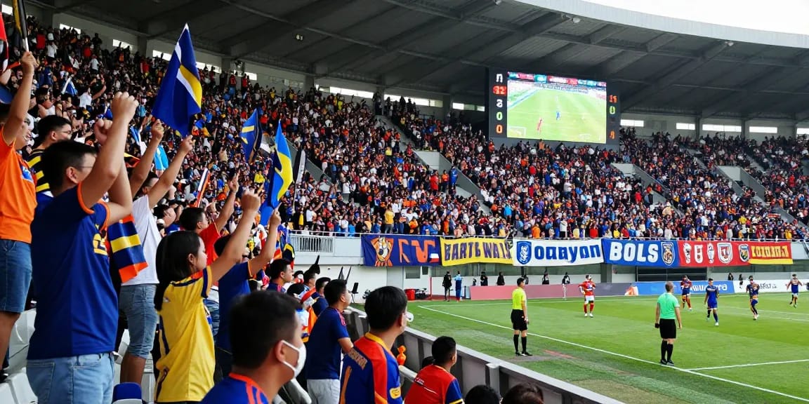 Fans bersemangat menyaksikan judi bola di stadion yang penuh dengan suasana meriah.
