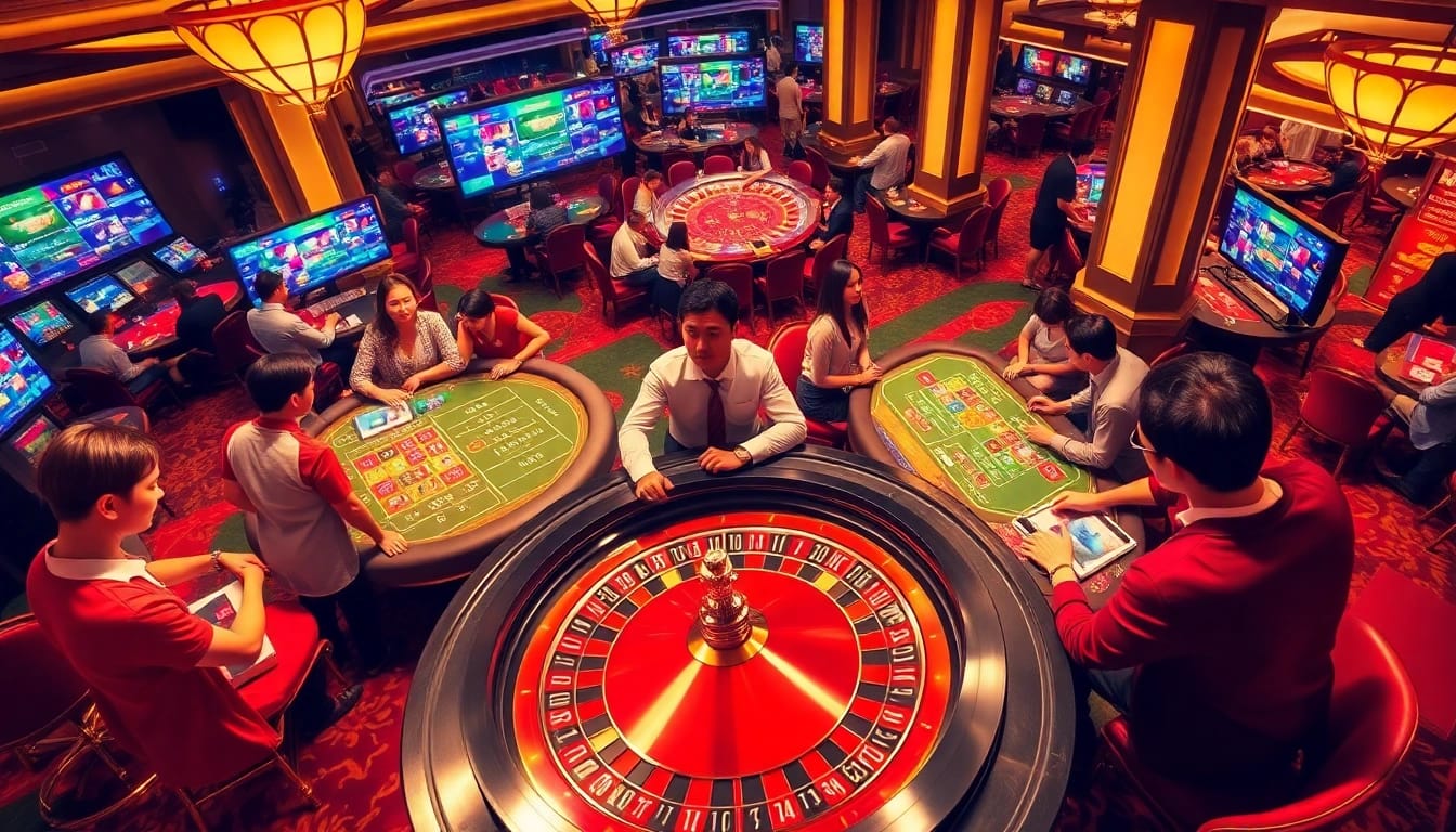 Engaged players strategizing in an exciting game bài environment with vibrant casino elements.