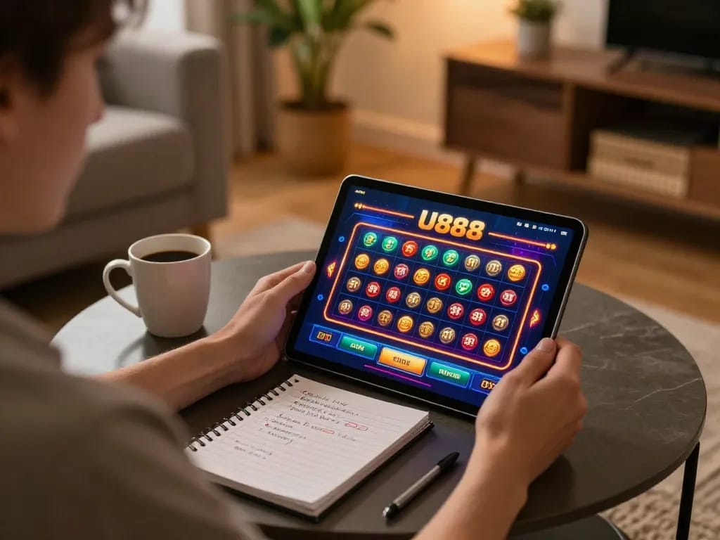 Engaging in online gaming on the U888 app, surrounded by a cozy home setting with strategic betting notes.