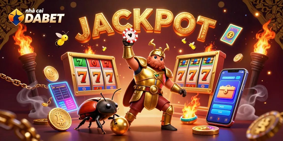 Engage with the vibrant world of nhà cái DABET, featuring a heroic beetle in victory pose amidst dynamic slot reels and cryptocurrency elements.