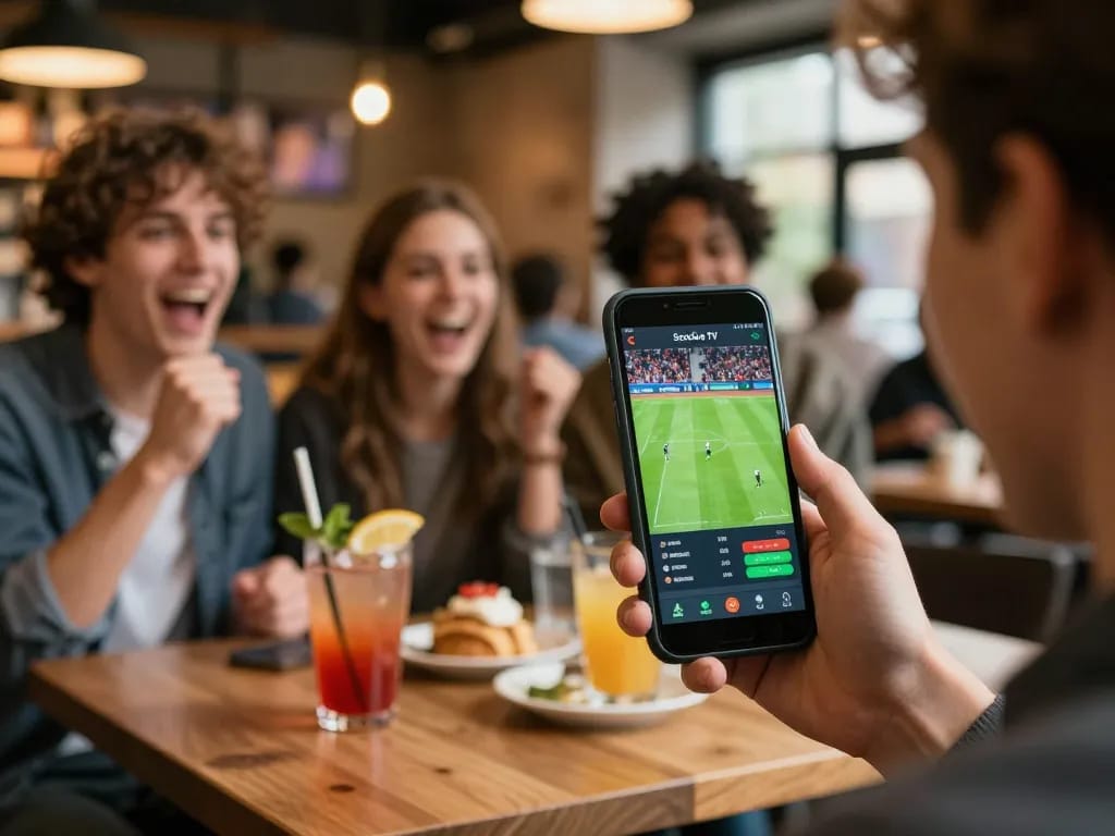 Socolive TV streaming exciting live football match at a vibrant cafe setting with friends.
