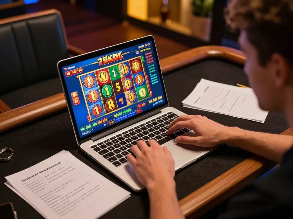 Player engaged with 79king interface during an online casino session, showcasing strategic notes and excitement.