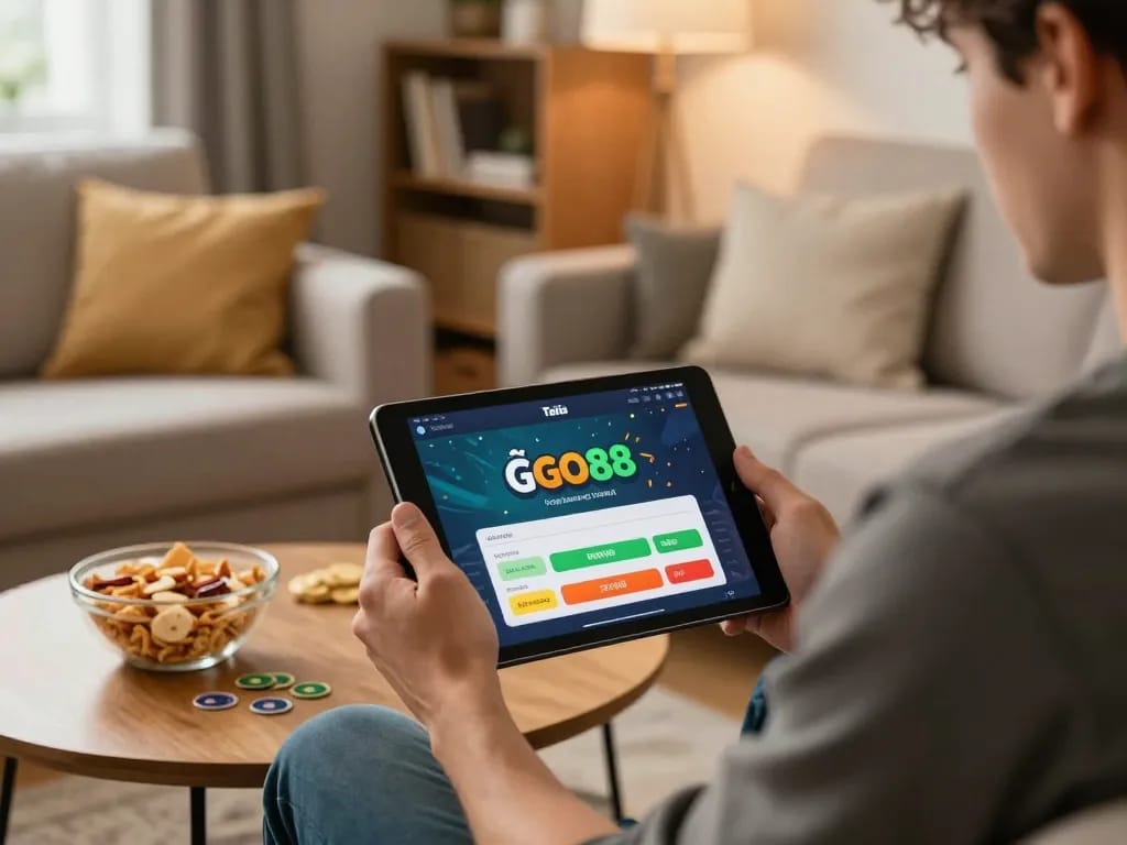 TẢI GO88 app on tablet within cozy home environment, featuring relaxing atmosphere and personal touches.