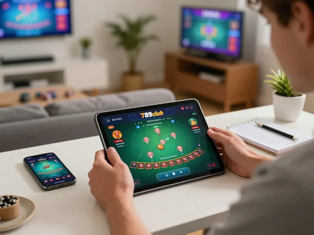 A player engages in blackjack gameplay on 789club, showcasing a stylish home environment and gaming strategies.