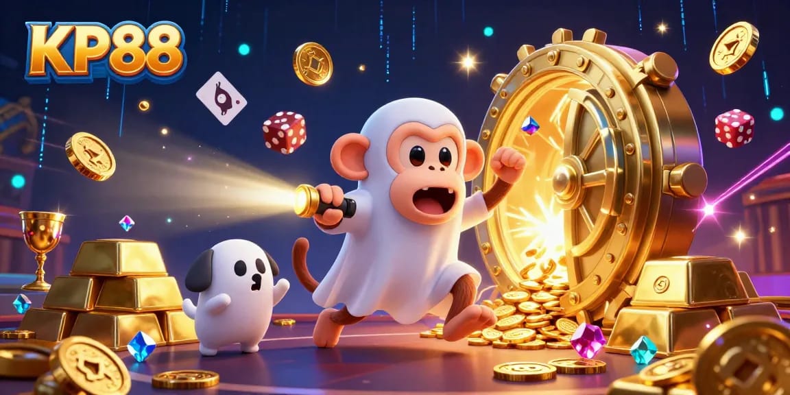 Track the playful KP88 poltergeist monkey juggling golden casino treasures with the curious puppy.