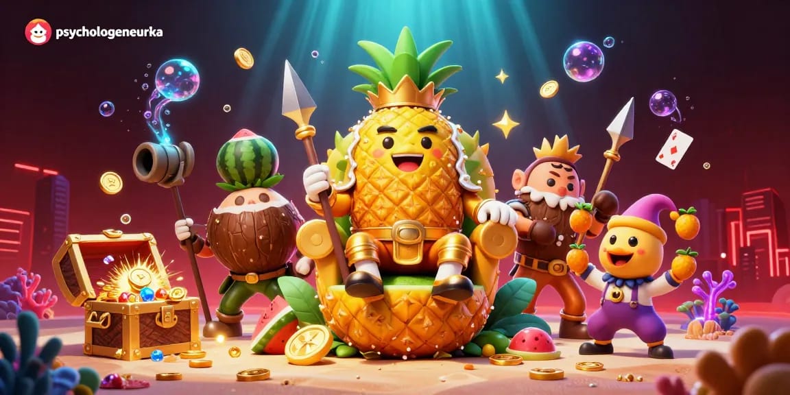 Engage with psychologeneureka as the golden pineapple king rules the beach casino in this vibrant 3D illustration.