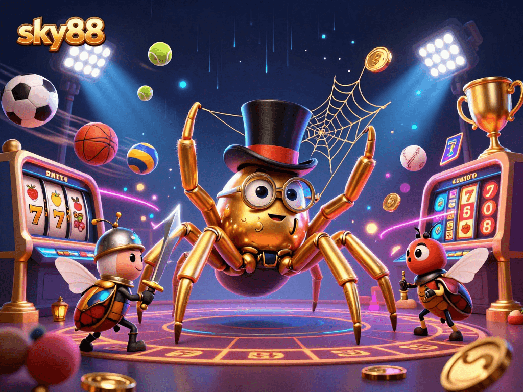 Experience thrilling games at sky88 with a vibrant scene of exciting casino elements and characters.