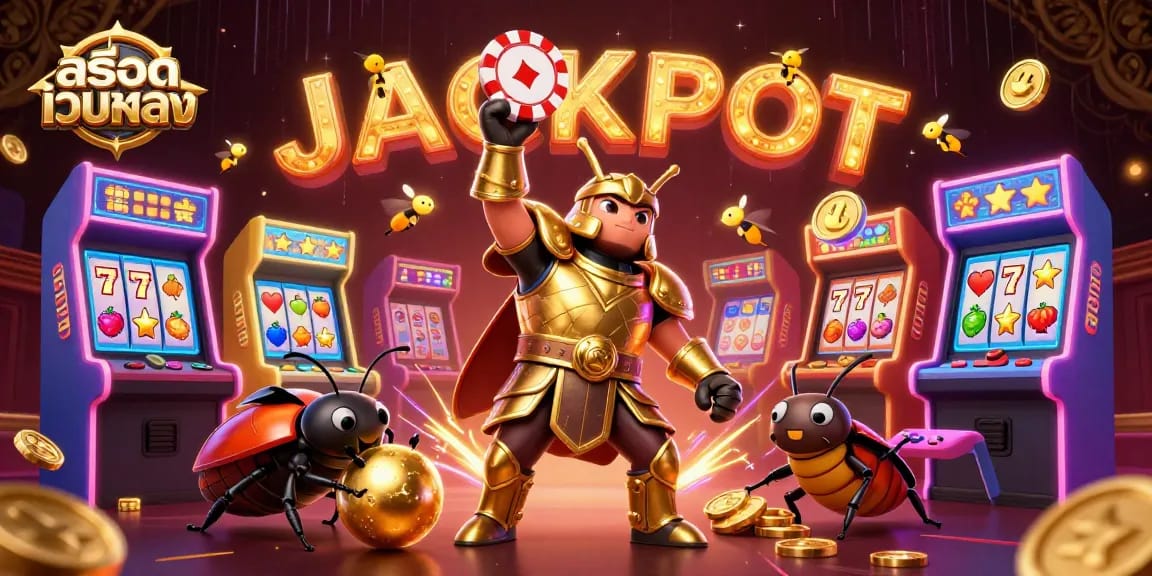Experience สล็อตเว็บตรง thrills with colorful slot machines, beetles in victory, and JACKPOT above!