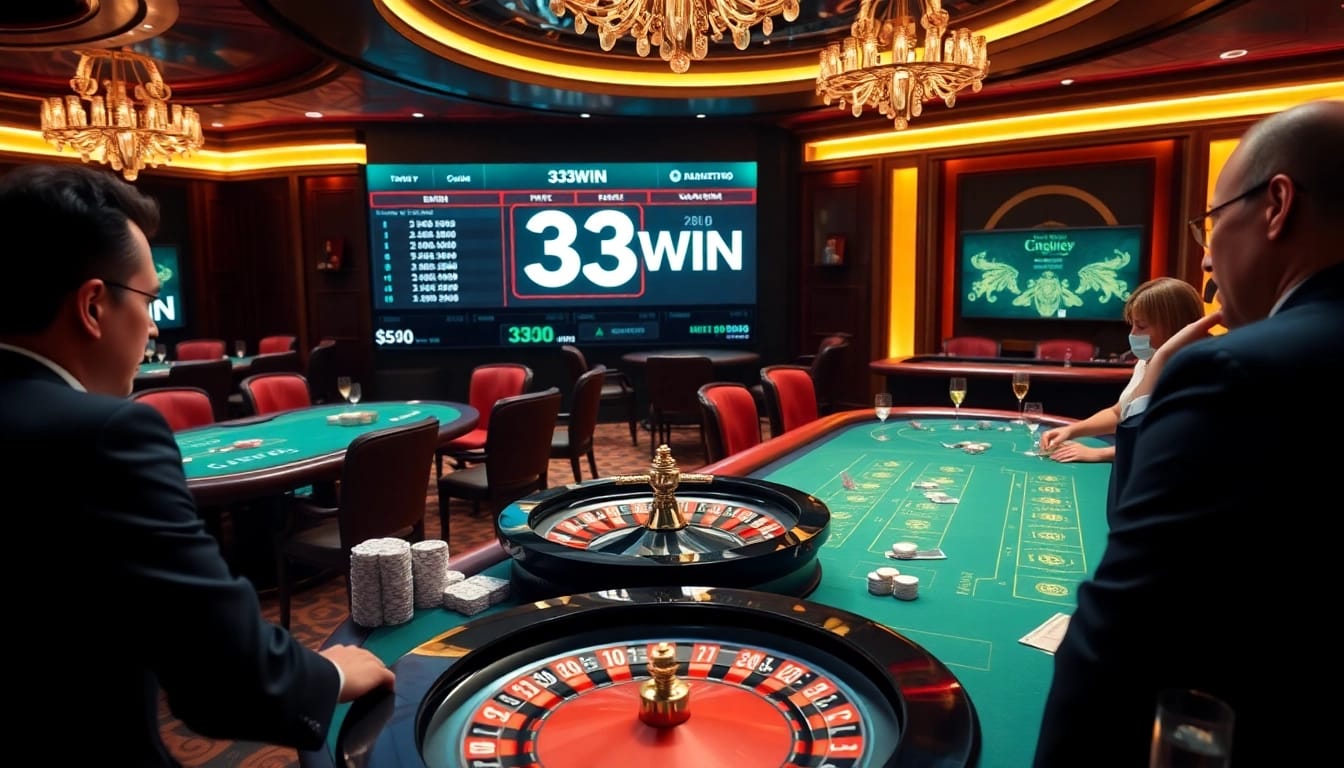 33WIN players celebrate their wins at a luxurious casino with roulette and blackjack tables.