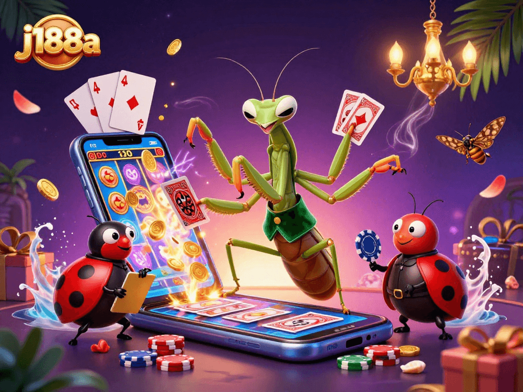 Experience thrilling gaming adventures at j188a with a vibrant casino scene featuring dynamic characters and games.