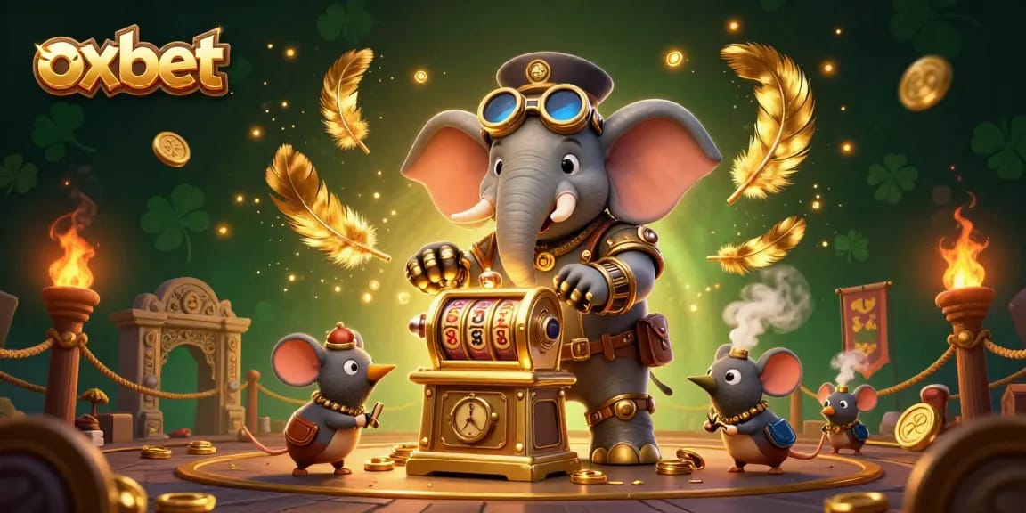 Experience thrilling gaming at OXBET with a steampunk elephant mastering the slot machine.