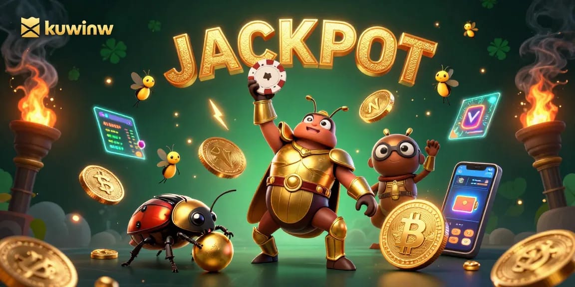 kuwinw celebrates with a victorious beetle in golden armor among Bitcoin and lively casino elements.