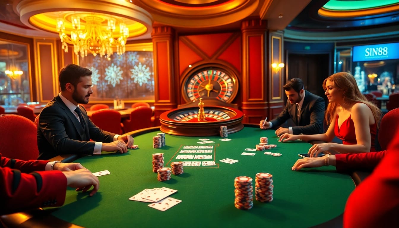 SIN88 poker players strategizing at a high-stakes table amidst vibrant casino decor.